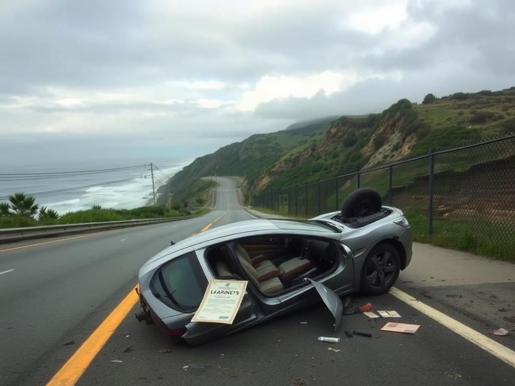 Flick International A mangled car on its side at Laguna Beach after a tragic driving accident