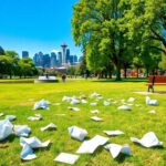 Flick International Vibrant park scene in Seattle with discarded signs from recent rally