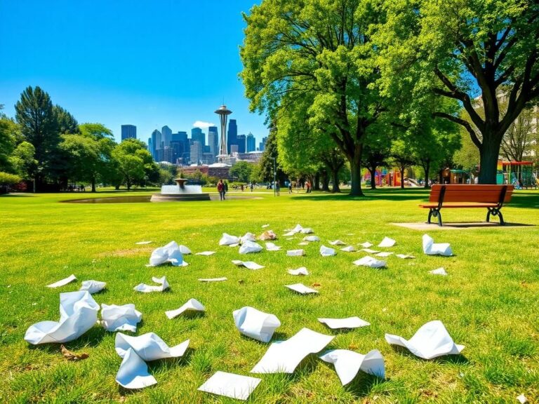 Flick International Vibrant park scene in Seattle with discarded signs from recent rally
