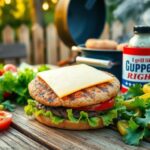 Flick International An ungrilled hamburger patty topped with cheese on a rustic wooden table surrounded by fresh ingredients and a classic grill in the background.