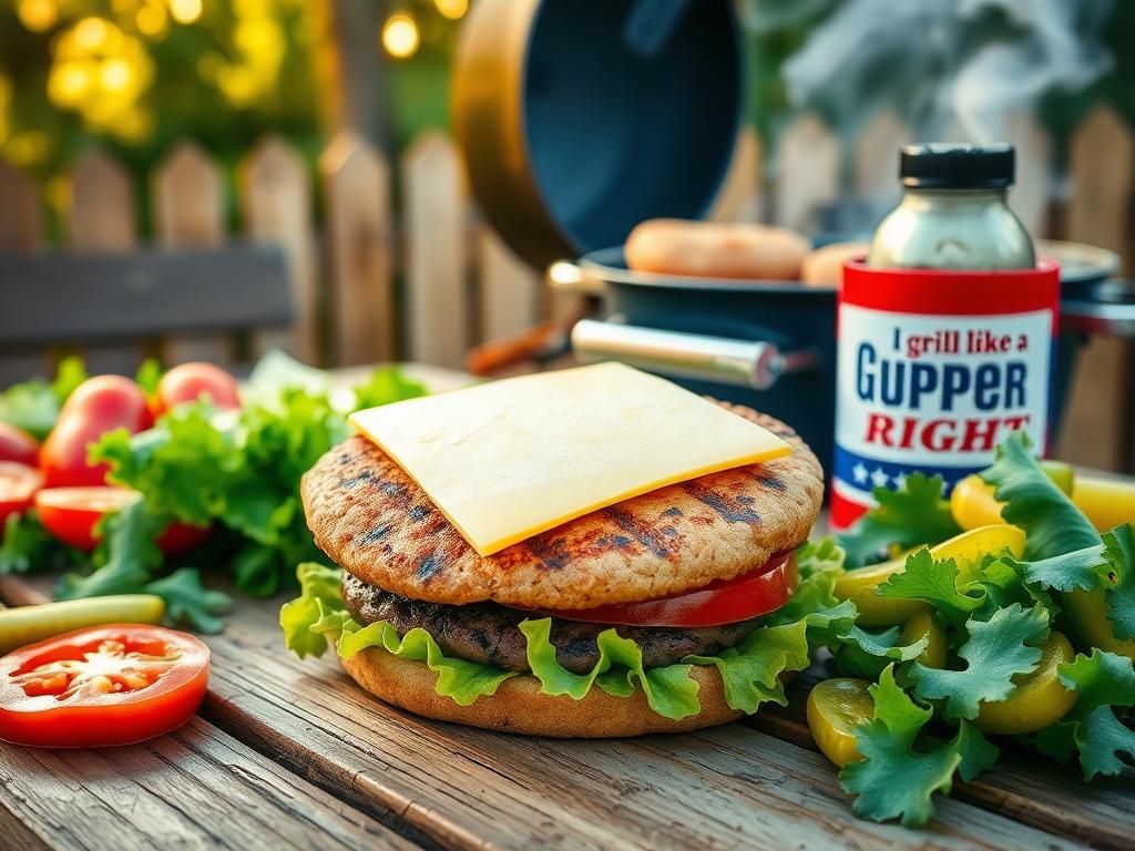Flick International An ungrilled hamburger patty topped with cheese on a rustic wooden table surrounded by fresh ingredients and a classic grill in the background.