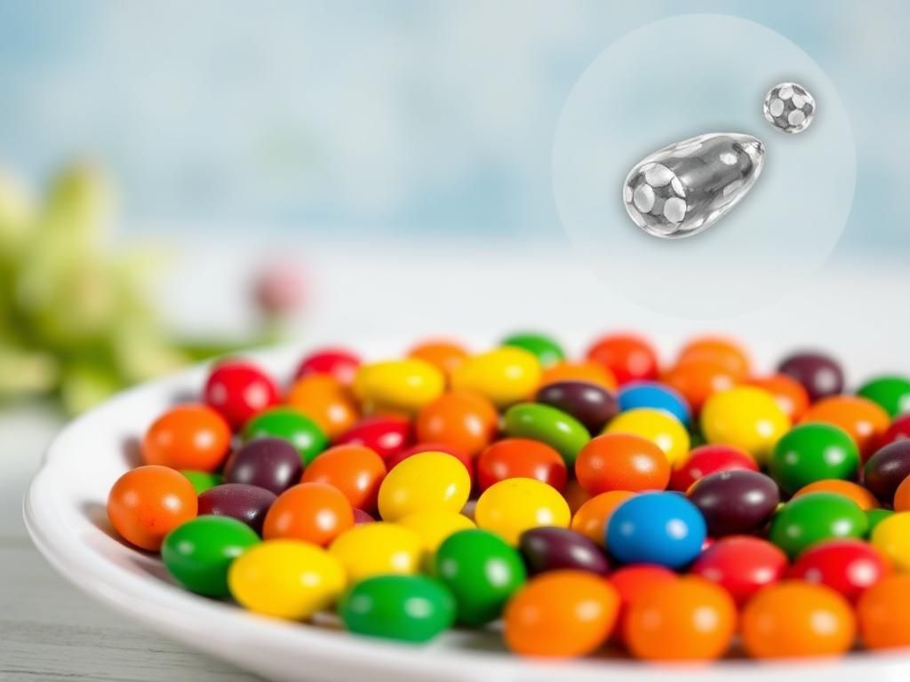 Flick International Close-up of colorful Skittles candies arranged in a vibrant rainbow spectrum on a white plate