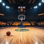 Flick International Dramatic basketball court scene featuring the Golden State Warriors logo under intense arena lights