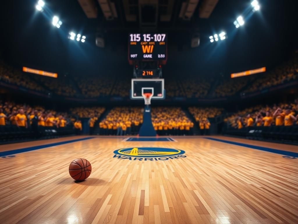 Flick International Dramatic basketball court scene featuring the Golden State Warriors logo under intense arena lights
