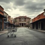 Flick International A dilapidated Main Street with shuttered small businesses and a distant view of an opulent estate resembling Mar-a-Lago.