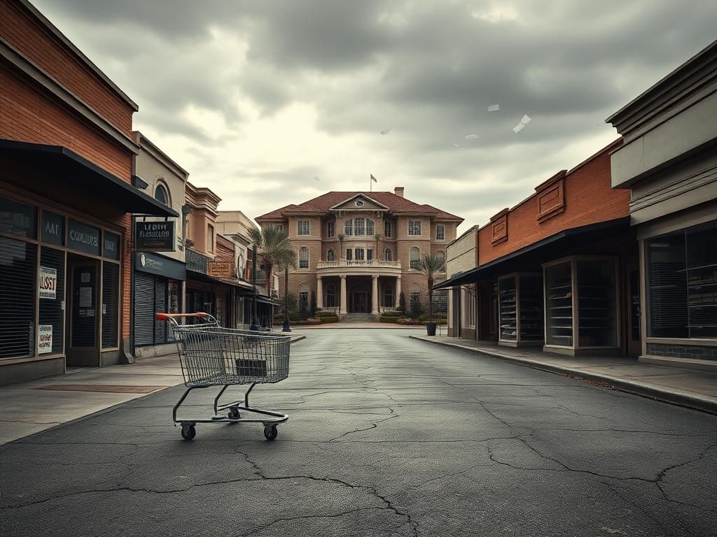 Flick International A dilapidated Main Street with shuttered small businesses and a distant view of an opulent estate resembling Mar-a-Lago.