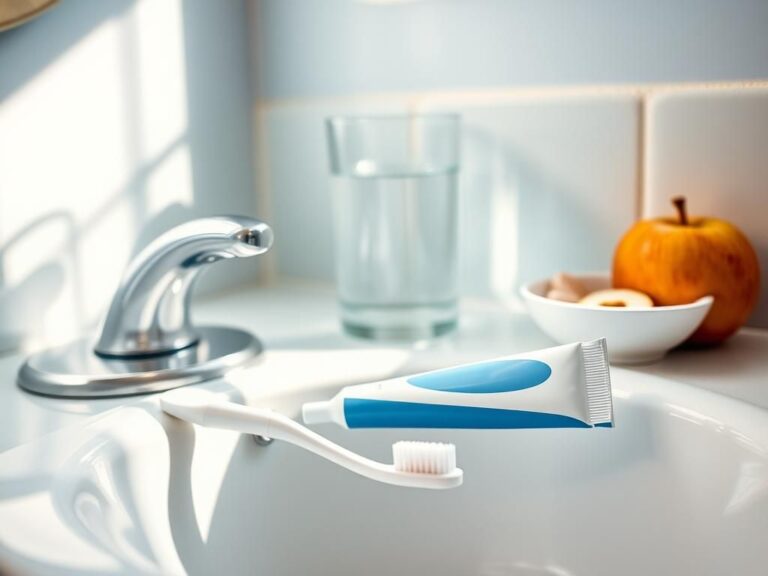 Flick International Close-up of a toothbrush and toothpaste on a bathroom sink, illustrating dental care concerns.