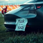 Flick International Close-up view of Chris Cillizza's Tesla with a sign reading 'Musk is a Nazi' on the bumper, captured during a soccer tournament