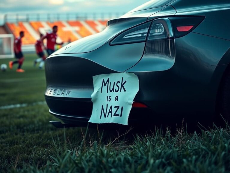 Flick International Close-up view of Chris Cillizza's Tesla with a sign reading 'Musk is a Nazi' on the bumper, captured during a soccer tournament