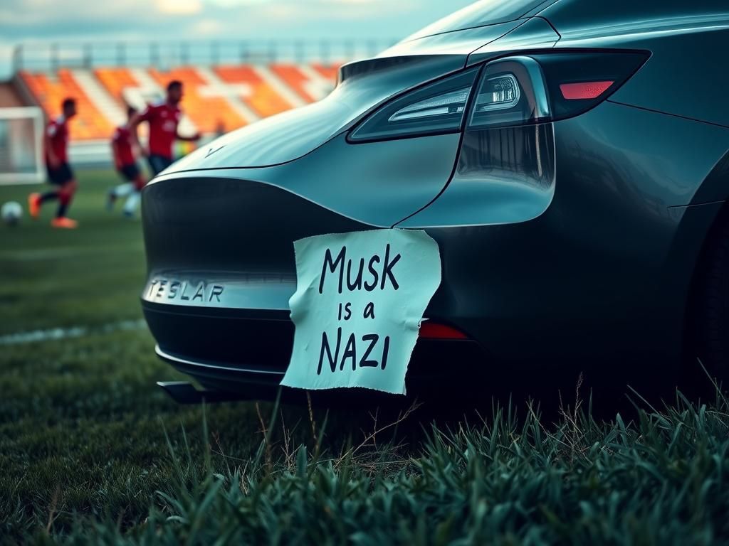 Flick International Close-up view of Chris Cillizza's Tesla with a sign reading 'Musk is a Nazi' on the bumper, captured during a soccer tournament