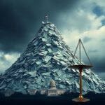 Flick International Conceptual image of a towering mountain of paperwork symbolizing the U.S. national debt with bills overflowing and a broken scale in the foreground.