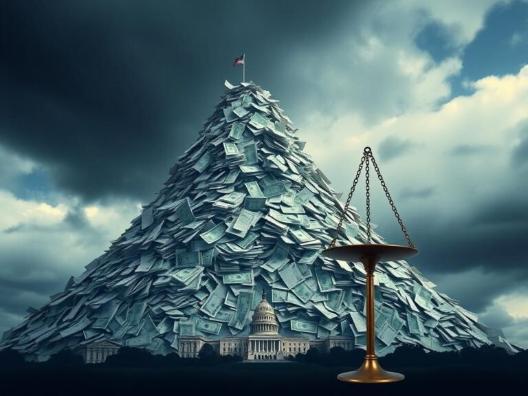 Flick International Conceptual image of a towering mountain of paperwork symbolizing the U.S. national debt with bills overflowing and a broken scale in the foreground.