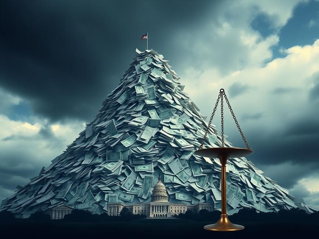 Flick International Conceptual image of a towering mountain of paperwork symbolizing the U.S. national debt with bills overflowing and a broken scale in the foreground.