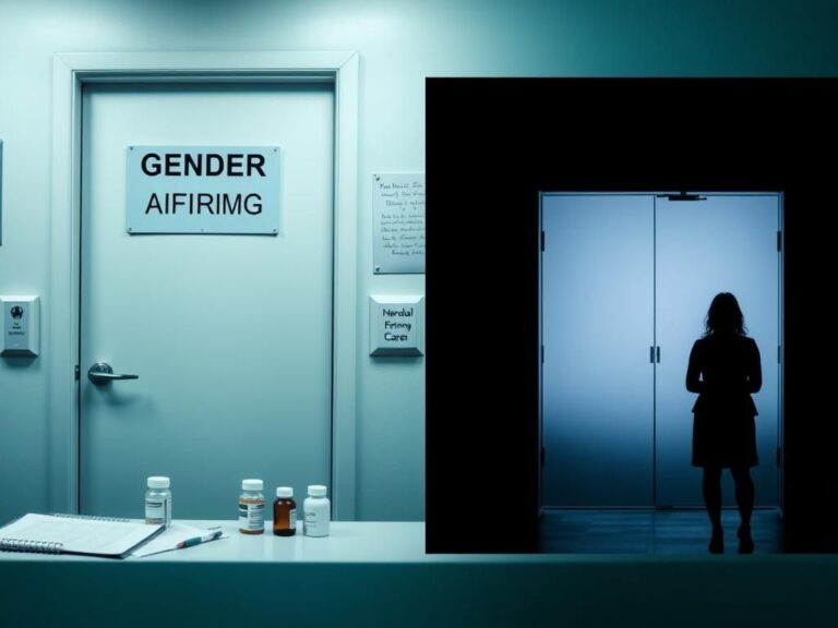 Flick International Split image showing a medical office labeled 'Gender Affirming Care' and a shadowy parental figure, symbolizing minors' gender transitions without parental consent.