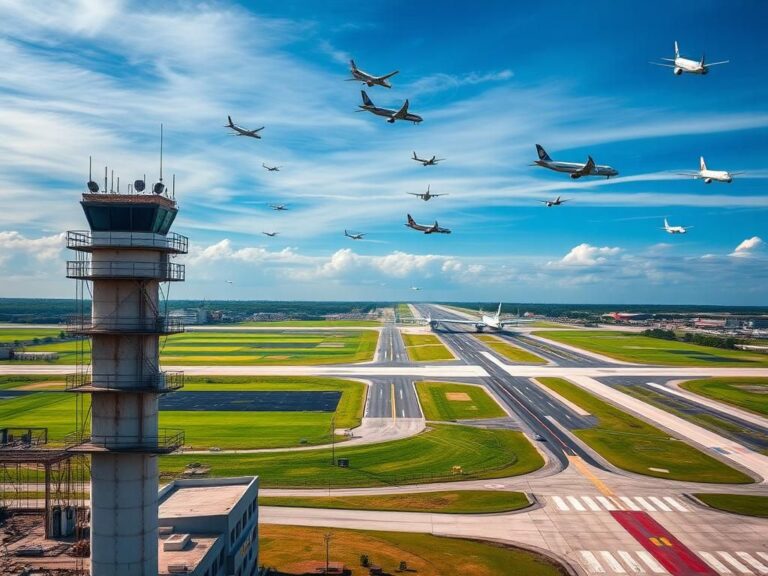 Flick International Aerial view of a bustling airport runway with outdated and modern air traffic control infrastructures.