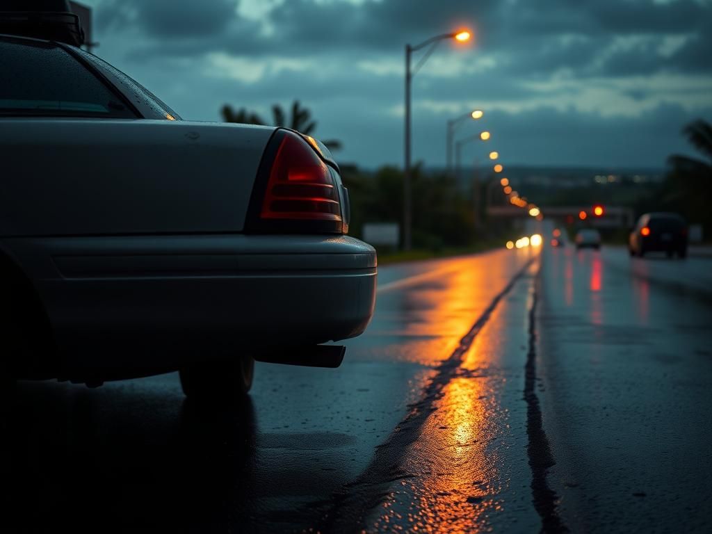Flick International Abandoned police car with broken taillight on a rain-soaked roadside symbolizing unresolved justice