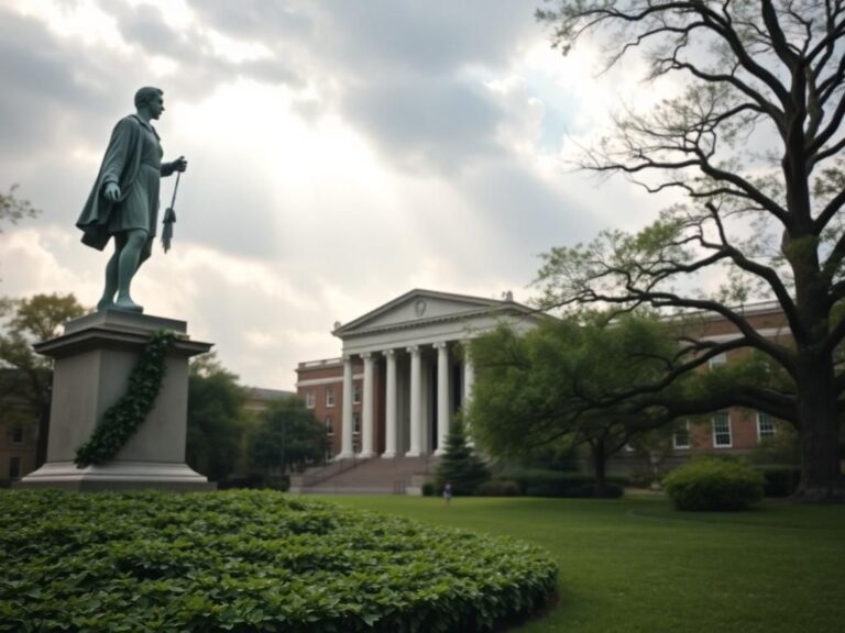 Flick International Serene ivy-covered university campus with a prominent statue symbolizing academic freedom