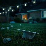 Flick International A desolate backyard scene with a crumpled graduation cap and empty plastic cups after a tragic incident