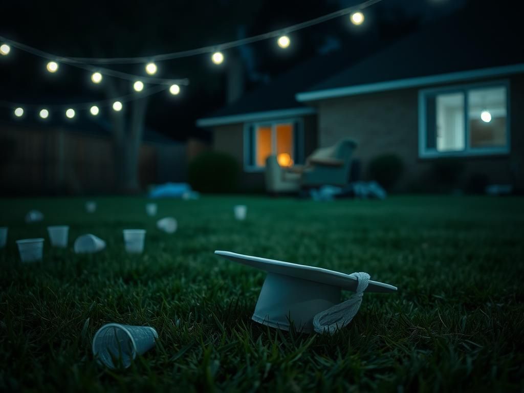 Flick International A desolate backyard scene with a crumpled graduation cap and empty plastic cups after a tragic incident