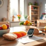 Flick International Cozy kitchen scene with a breakfast table featuring fruits, bread, an insulin pump, and a child's drawing