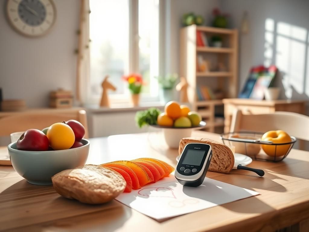 Flick International Cozy kitchen scene with a breakfast table featuring fruits, bread, an insulin pump, and a child's drawing