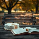 Flick International A serene setting featuring a half-empty wedding cake on a rustic wooden table with a blurred park bench in the background