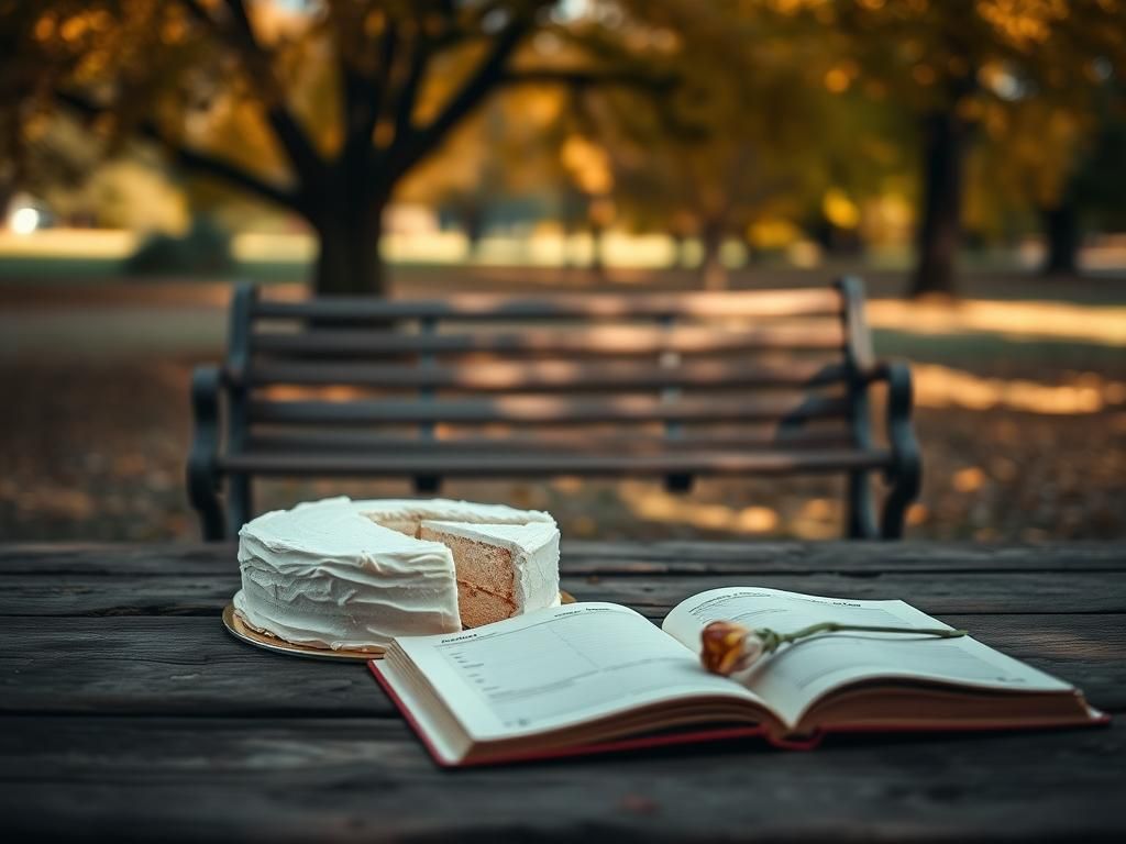 Flick International A serene setting featuring a half-empty wedding cake on a rustic wooden table with a blurred park bench in the background