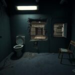 Flick International Dimly lit abandoned jail cell with rusted metal toilet and escape route hole