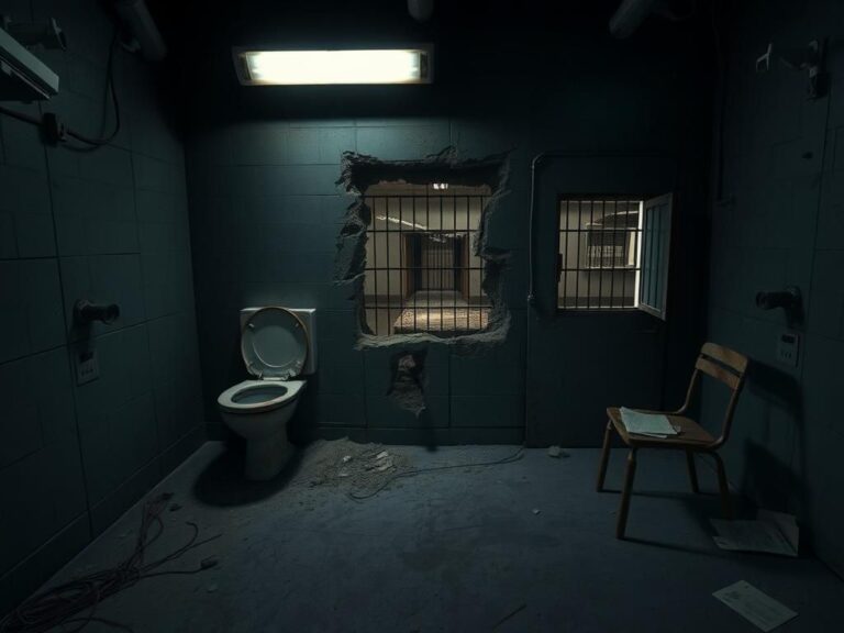 Flick International Dimly lit abandoned jail cell with rusted metal toilet and escape route hole