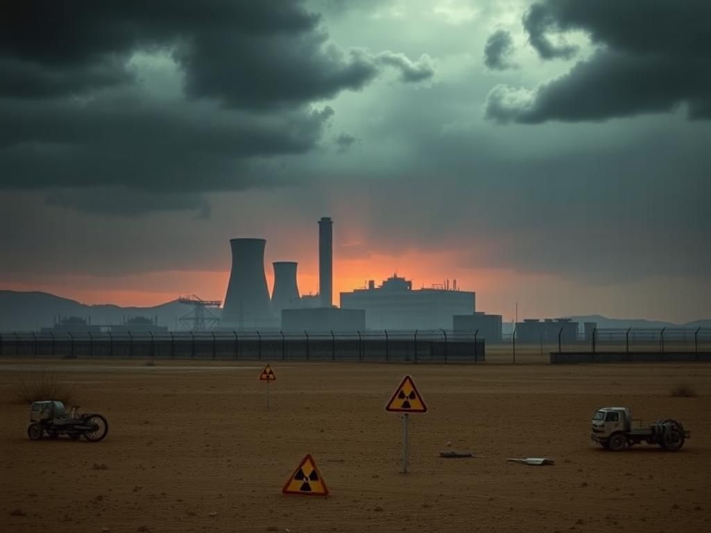 Flick International A barren desert landscape with an ominous nuclear facility in the background, symbolizing Iran's active nuclear weapons program.