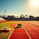 Flick International Empty running track with starting block and colorful track equipment symbolizing trans athlete controversy