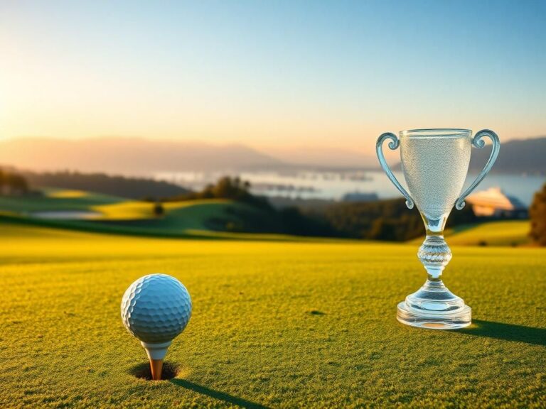 Flick International Sunrise over a picturesque golf course with manicured greens and a crystal trophy