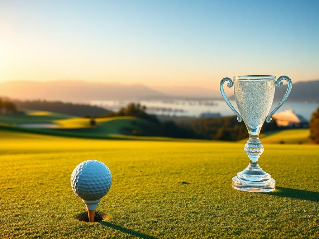 Flick International Sunrise over a picturesque golf course with manicured greens and a crystal trophy