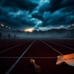Flick International A deserted track and field stadium at dawn with empty starting blocks and storm clouds