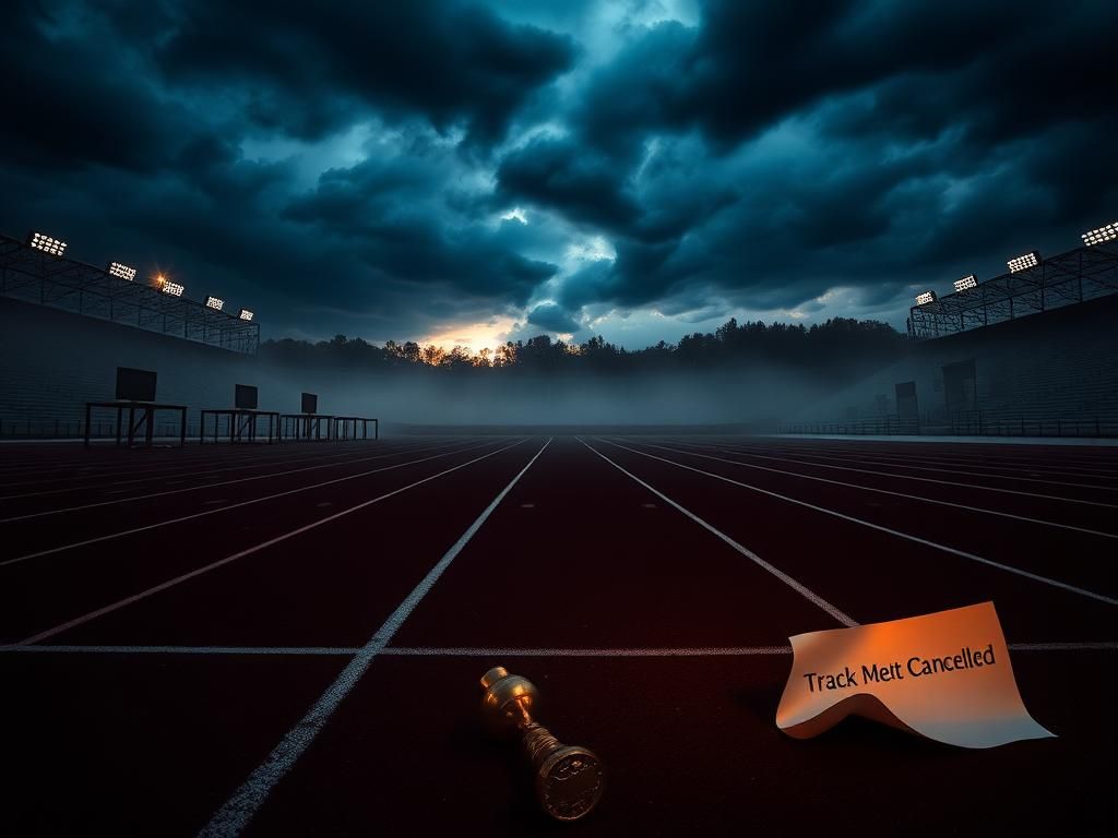 Flick International A deserted track and field stadium at dawn with empty starting blocks and storm clouds