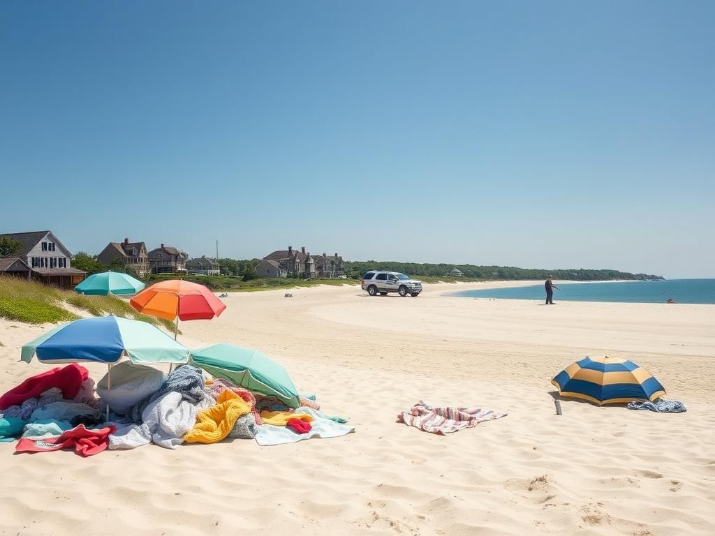 Flick International Colorful beach umbrellas and towels on a sandy beach in Nantucket with distant federal law enforcement presence