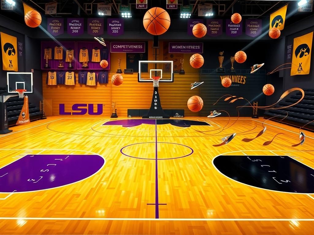 Flick International Dynamic basketball court scene representing the Angel Reese and Caitlin Clark rivalry in women's basketball.