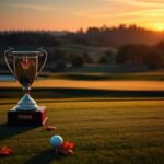 Flick International A serene golf course landscape at dawn with a gleaming trophy symbolizing victory.