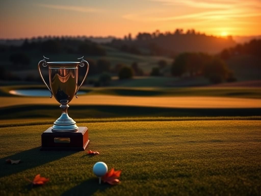 Flick International A serene golf course landscape at dawn with a gleaming trophy symbolizing victory.