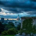 Flick International A dramatic twilight view of the U.S. Capitol building with stormy skies and a stone structure symbolizing ICE in the foreground
