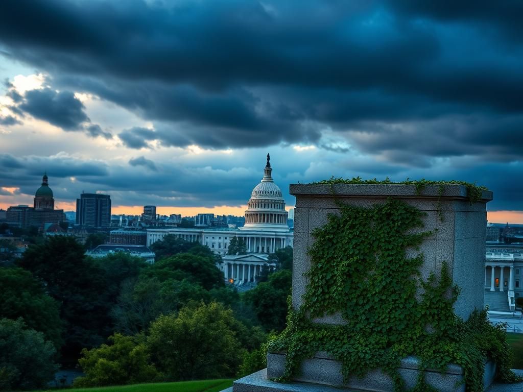 Flick International A dramatic twilight view of the U.S. Capitol building with stormy skies and a stone structure symbolizing ICE in the foreground