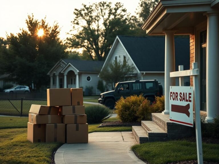 Flick International Empty moving boxes on a porch in a suburban neighborhood, capturing the essence of military family transitions.