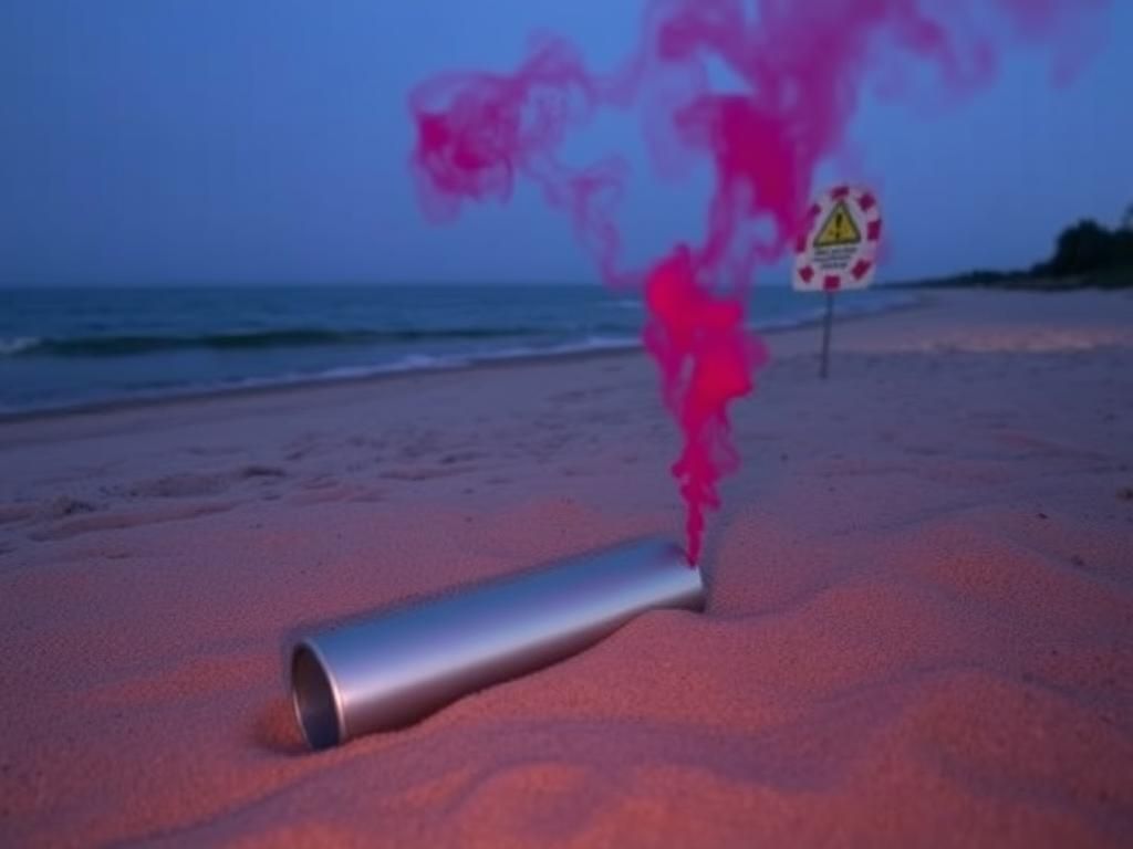 Flick International Silver military flare partially buried in the sand at a Lake Michigan beach with gentle red smoke.