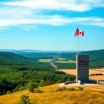 Flick International Expansive view of the Canada-U.S. border landscape with a border monument, flags, and economic symbols