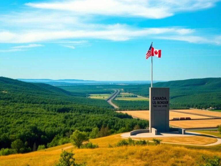 Flick International Expansive view of the Canada-U.S. border landscape with a border monument, flags, and economic symbols