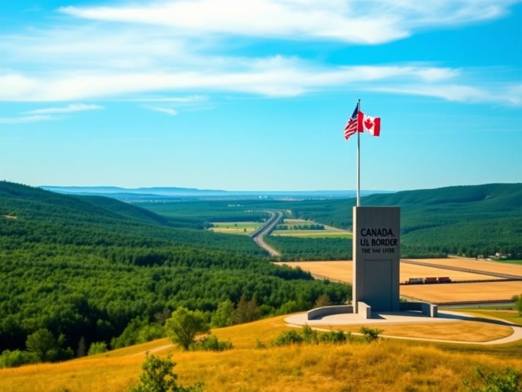 Flick International Expansive view of the Canada-U.S. border landscape with a border monument, flags, and economic symbols