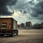 Flick International A large, battered humanitarian aid truck parked in a desolate landscape of Gaza, symbolizing the humanitarian crisis.