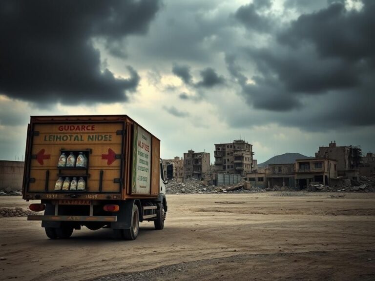 Flick International A large, battered humanitarian aid truck parked in a desolate landscape of Gaza, symbolizing the humanitarian crisis.