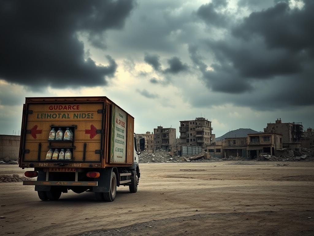 Flick International A large, battered humanitarian aid truck parked in a desolate landscape of Gaza, symbolizing the humanitarian crisis.