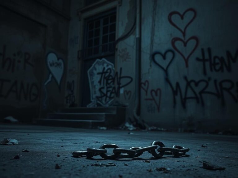Flick International Broken chain on the ground symbolizes trafficking and freedom in a dimly lit urban environment